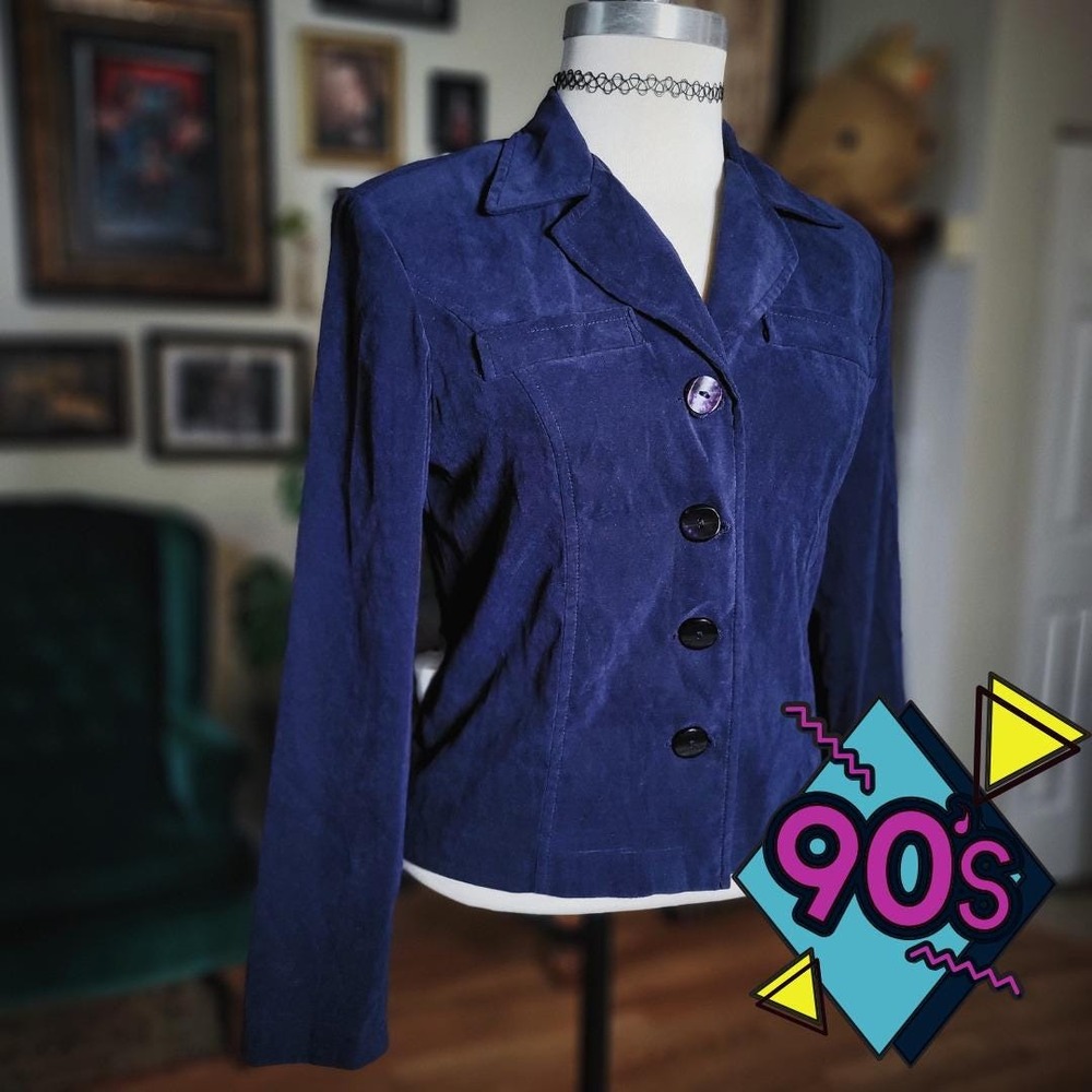 First‎ Option Blazer Jacket Vintage 90s Navy Blue Faux Suede Small Indie Grunge